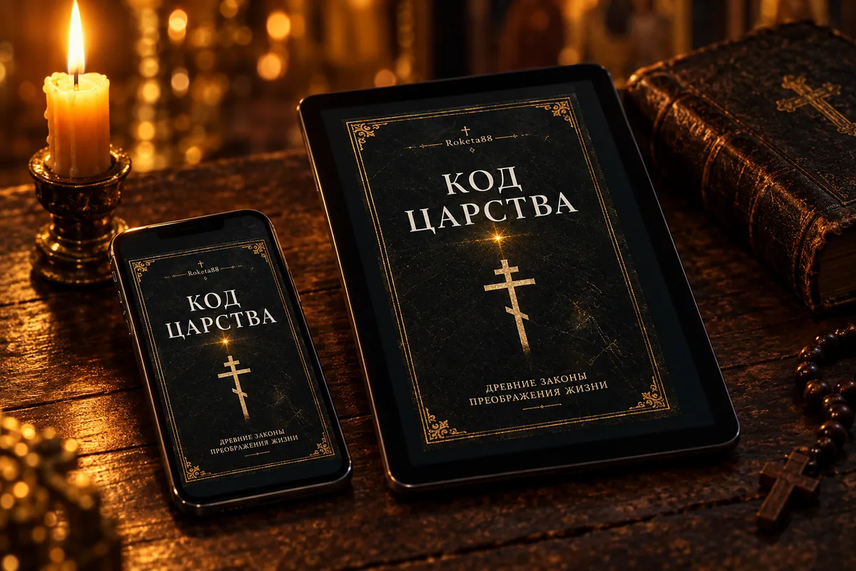 Книга «Код Царства» открыта на смартфоне и планшете, рядом горит свеча